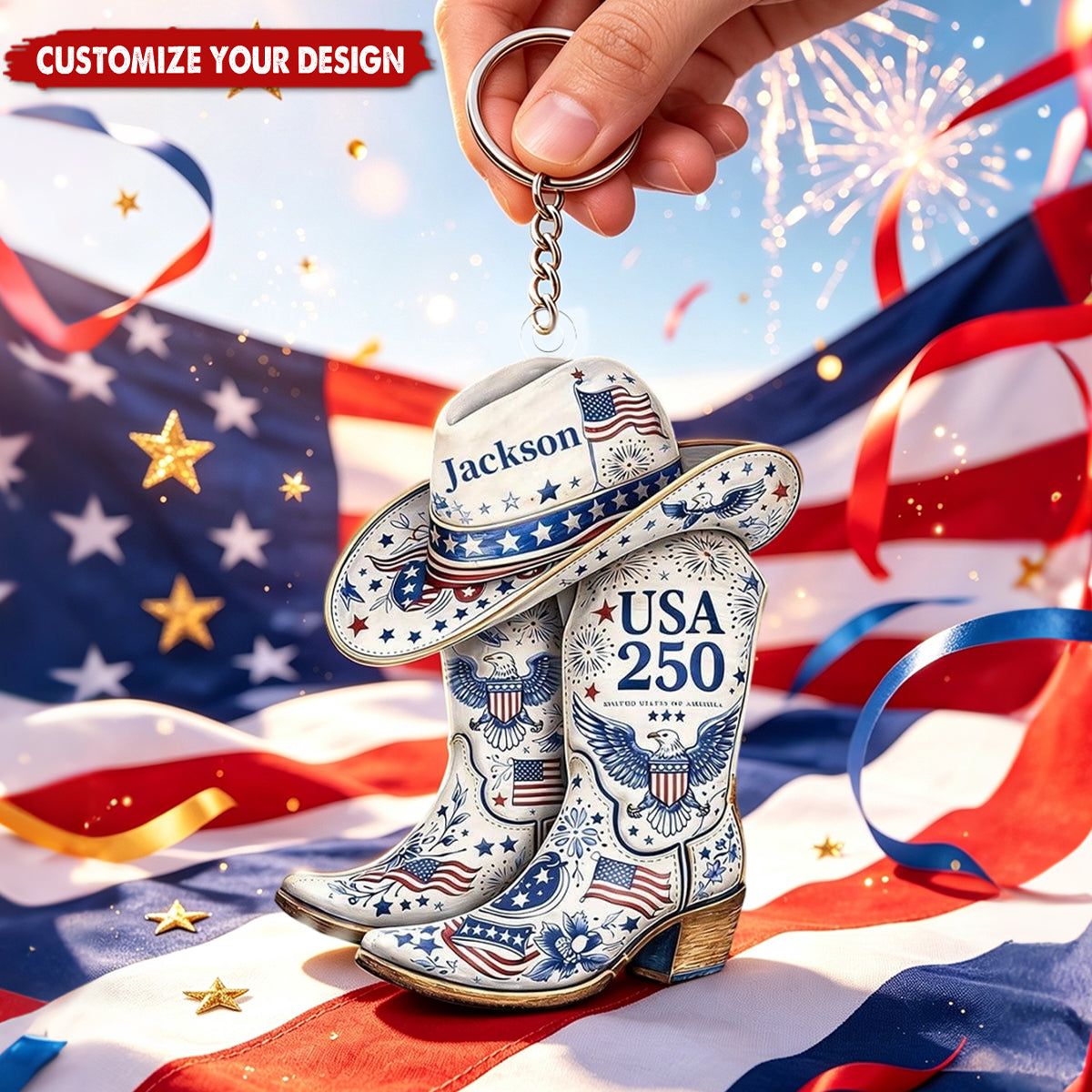 Custom Patriotic Cowboy Boot Keychain, USA 250 4th of July Gift - Personalized Acrylic Keychain