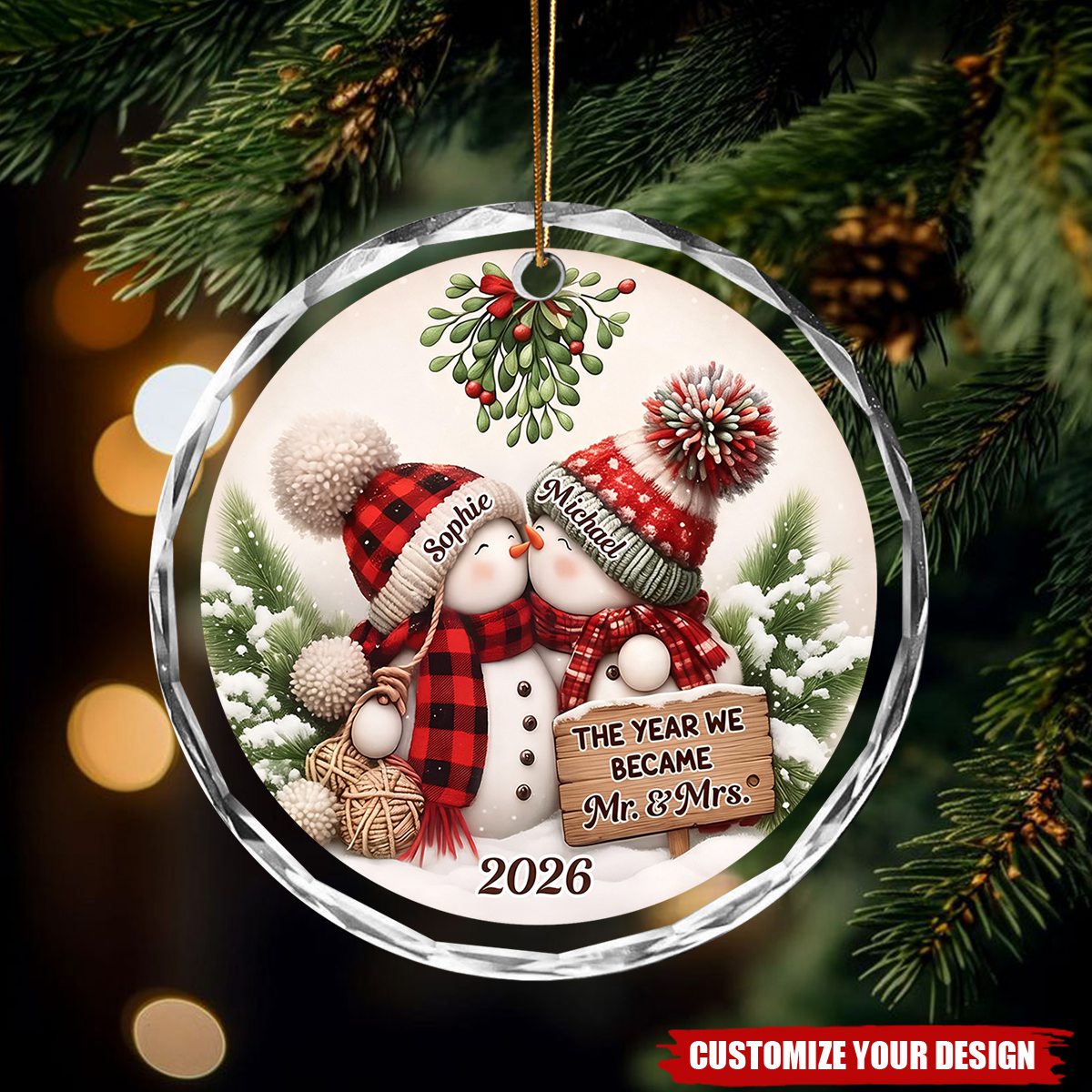 Kissing Snowman Couple Christmas - Personalized Glass Ornament