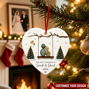 Custom Couple Heart Ceramic Ornament, First Christmas Newlywed Keepsake Tree Gift