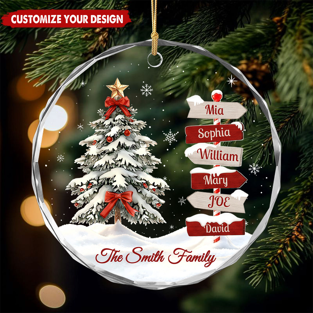 Personalized Family Signpost Glass Christmas Ornament, Custom Family Names Tree Keepsake Gift