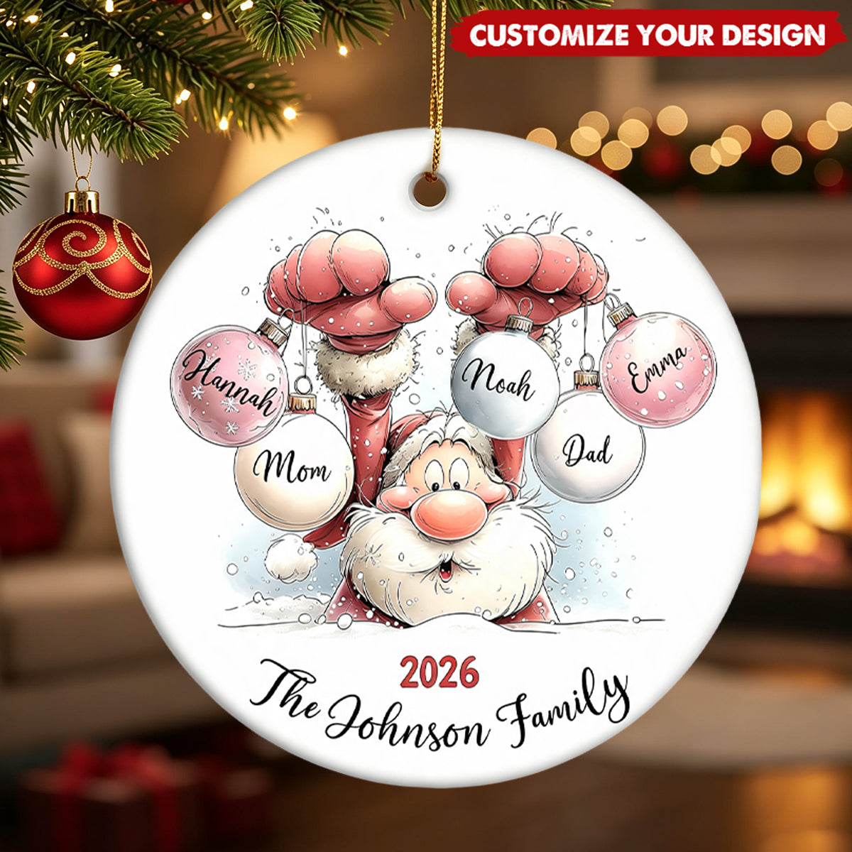 Santa Custom Family Name - Personalized Ceramic Christmas Ornament