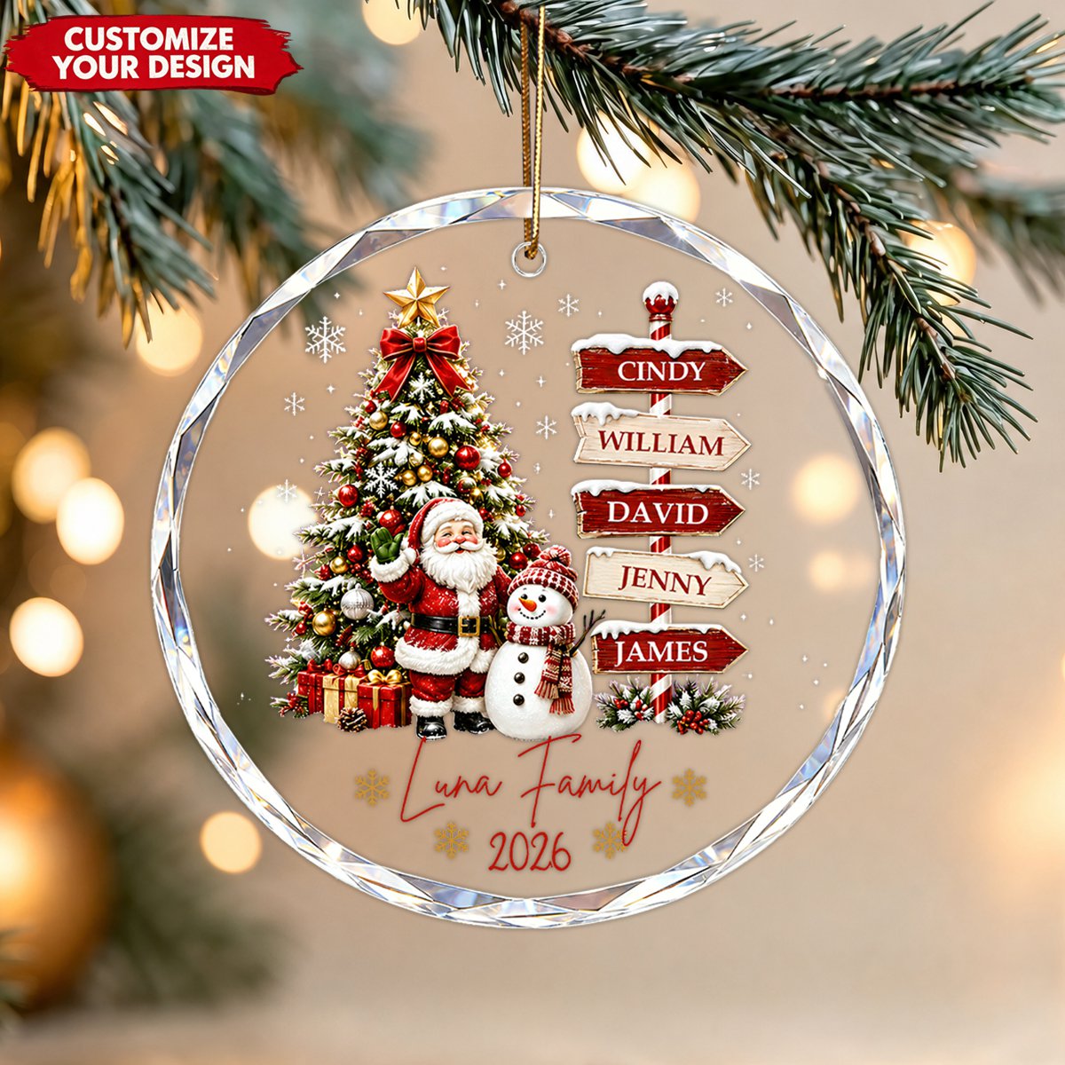 Personalized Family Signpost Glass Ornament, Custom Name Christmas Keepsake Gift
