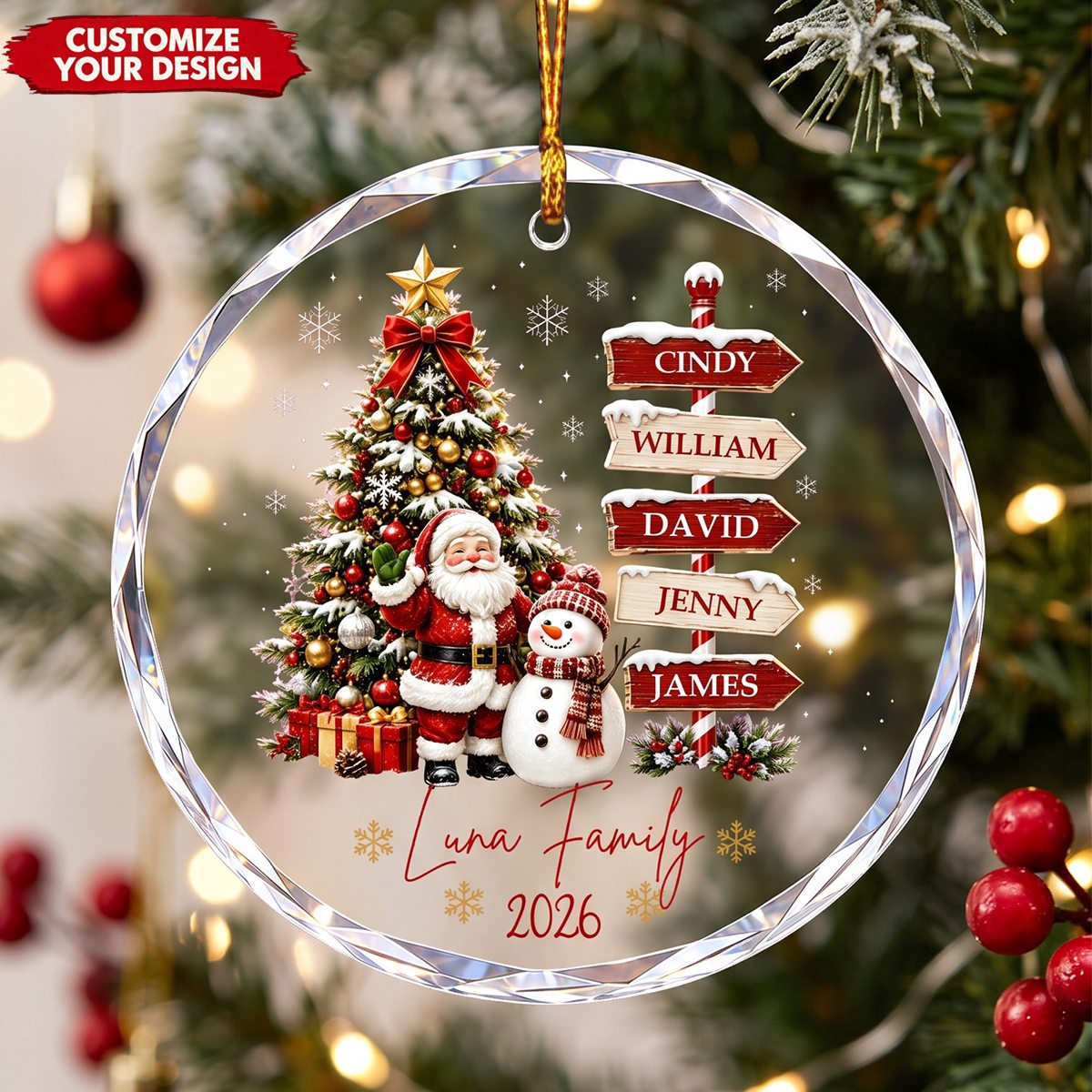 Personalized Family Signpost Glass Ornament, Custom Name Christmas Keepsake Gift