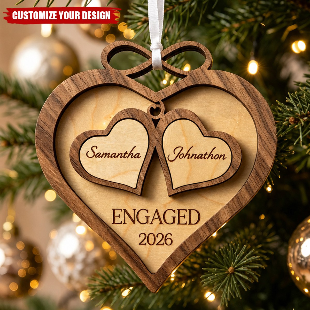 Personalized Engagement Wooden Ornament, Infinity Heart Couple Names First Christmas Gift