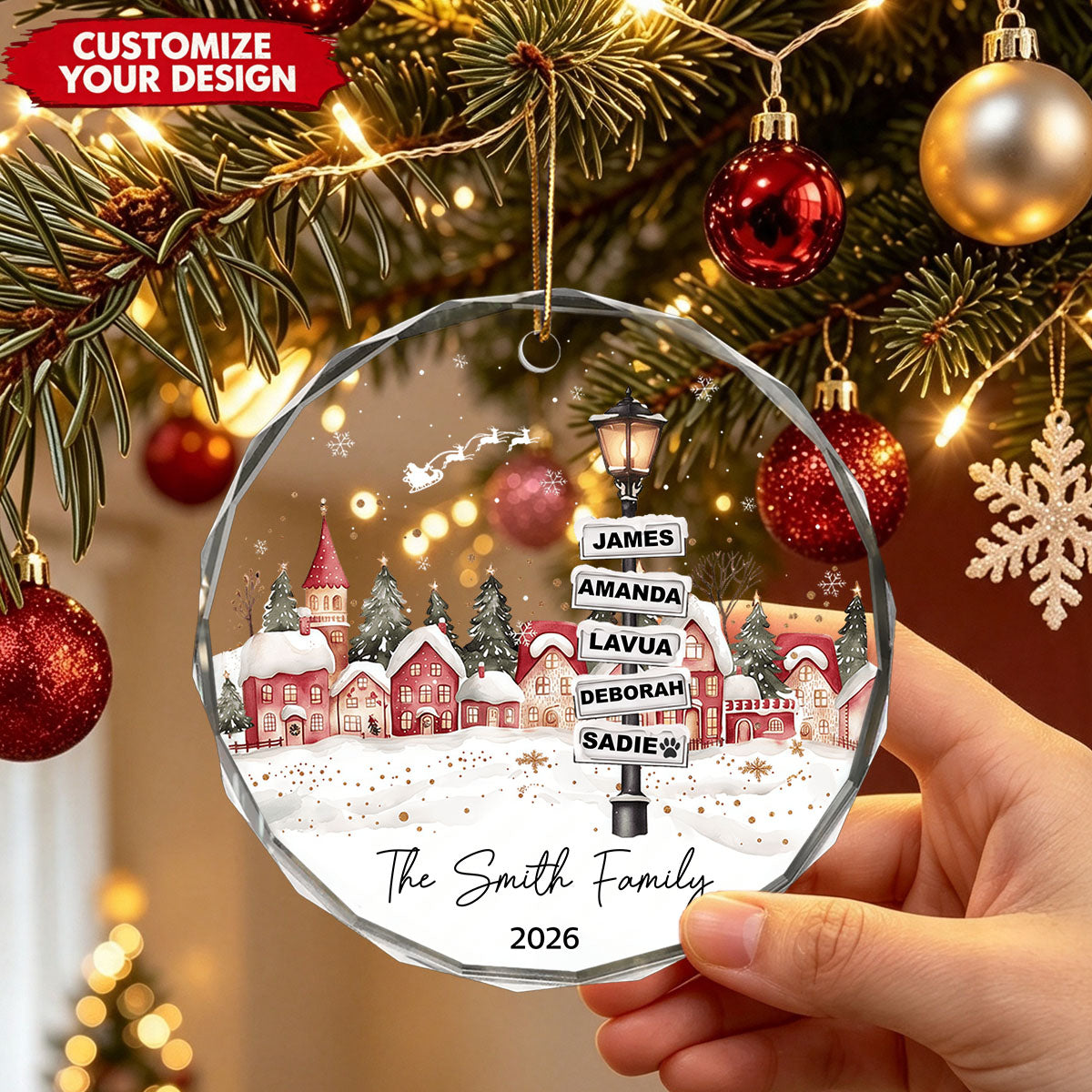 Personalized Family & Pet Glass Christmas Ornament, Custom Family Name Holiday Keepsake