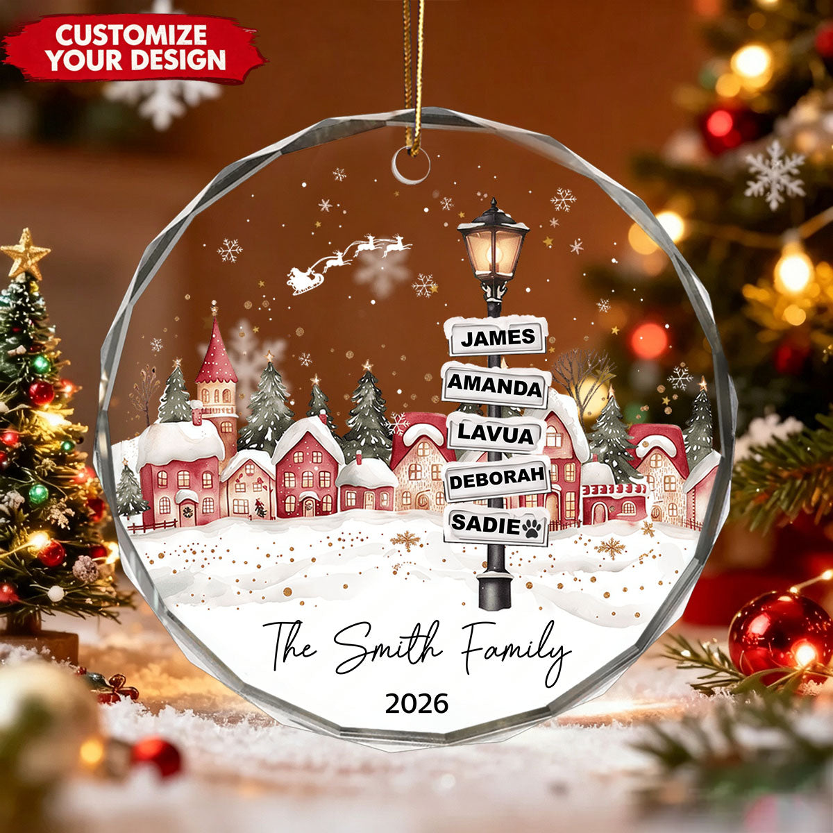 Personalized Family & Pet Glass Christmas Ornament, Custom Family Name Holiday Keepsake