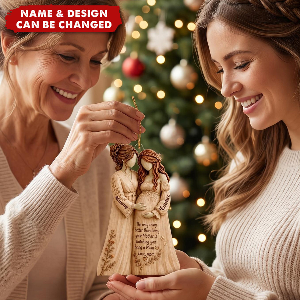 Personalized Wooden Pregnancy Ornament, Custom Name Gift for New Grandma & Mom