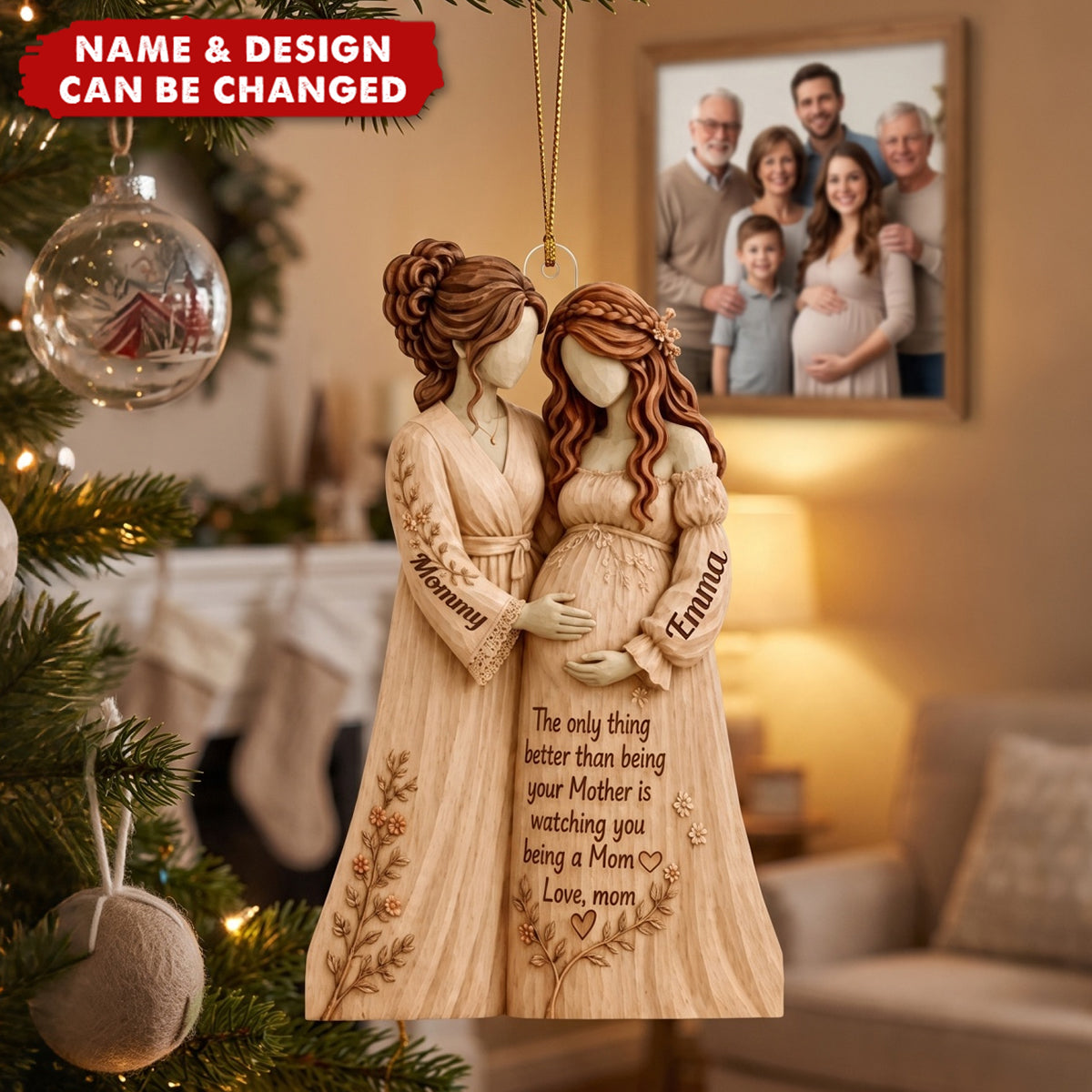 Personalized Wooden Pregnancy Ornament, Custom Name Gift for New Grandma & Mom