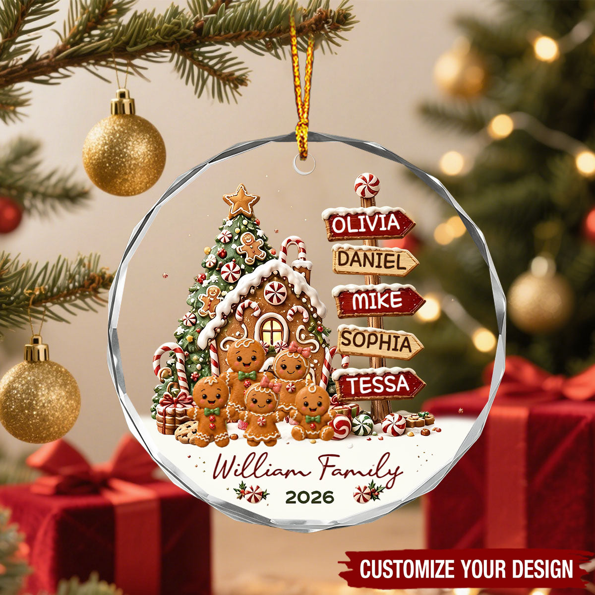 Personalized 2026 Family Glass Christmas Ornament - Custom Name Gingerbread Sign Post