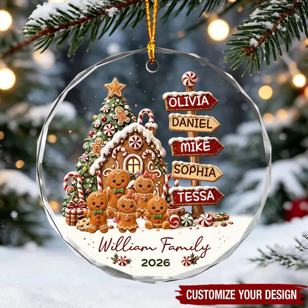Personalized 2026 Family Glass Christmas Ornament - Custom Name Gingerbread Sign Post