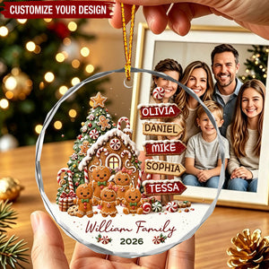 Personalized 2026 Family Glass Christmas Ornament - Custom Name Gingerbread Sign Post