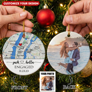 Personalized Ceramic Ornament - Custom Photo, Map & Location Engagement Gift for Couple