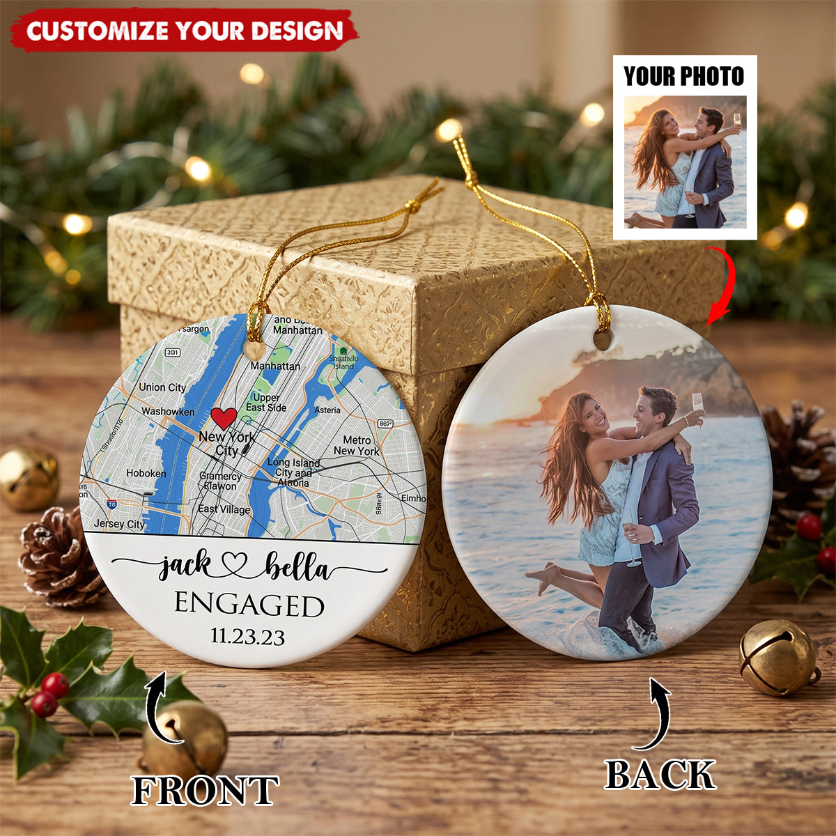 Personalized Ceramic Ornament - Custom Photo, Map & Location Engagement Gift for Couple