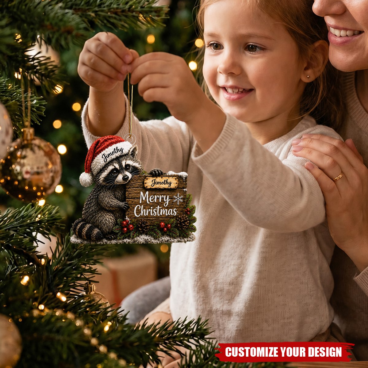 Personalized Raccoon Christmas Acrylic Ornament, Cute Holiday Tree Hanging Keepsake