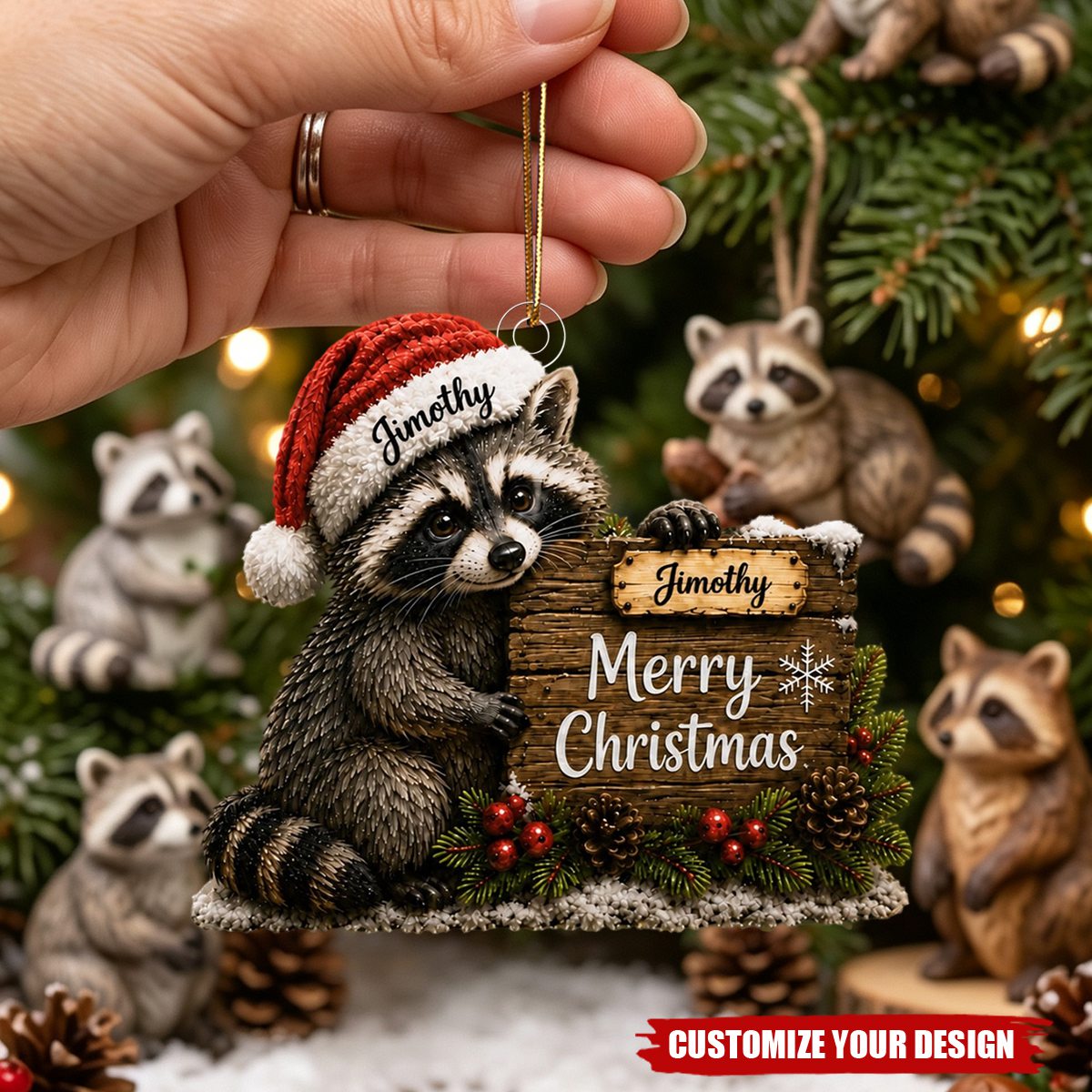 Personalized Raccoon Christmas Acrylic Ornament, Cute Holiday Tree Hanging Keepsake