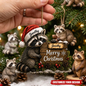Personalized Raccoon Christmas Acrylic Ornament, Cute Holiday Tree Hanging Keepsake