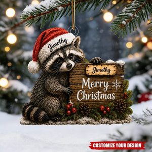 Personalized Raccoon Christmas Acrylic Ornament, Cute Holiday Tree Hanging Keepsake