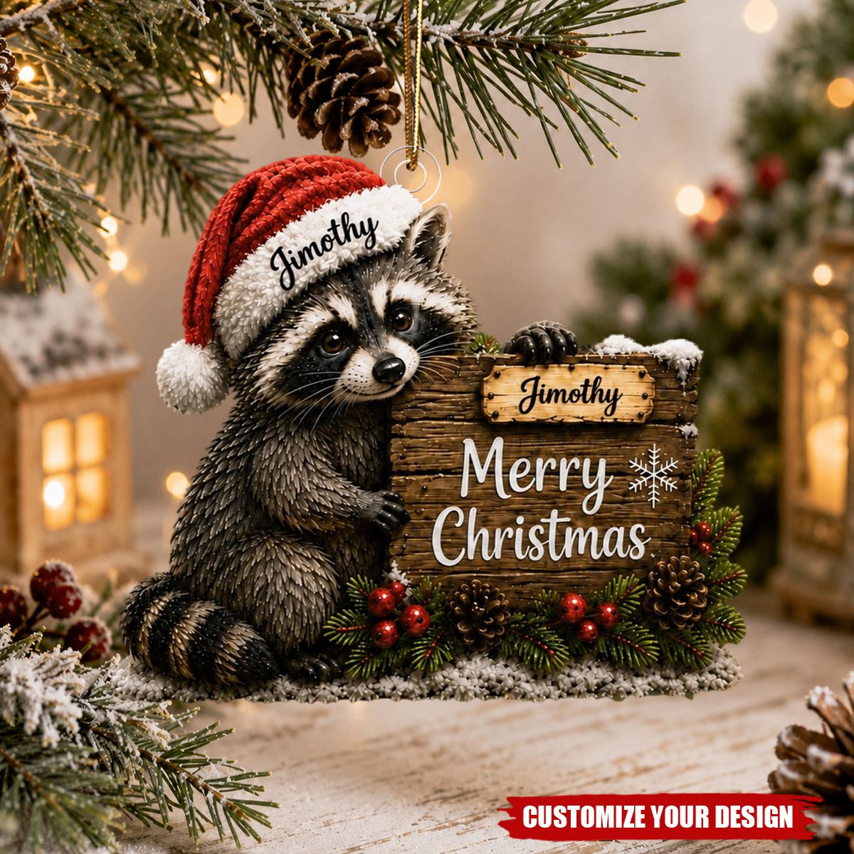 Personalized Raccoon Christmas Acrylic Ornament, Cute Holiday Tree Hanging Keepsake