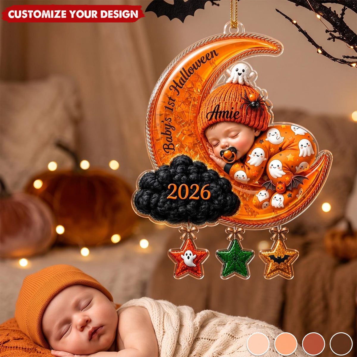 Baby Sleep On The Moon - Personalized Baby First Halloween Acrylic Ornament