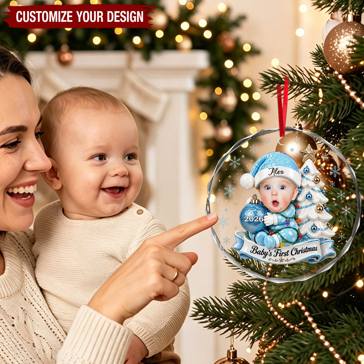 Personalized Baby's First Christmas Glass Ornament, Custom Photo 2026 Souvenir for Newborn