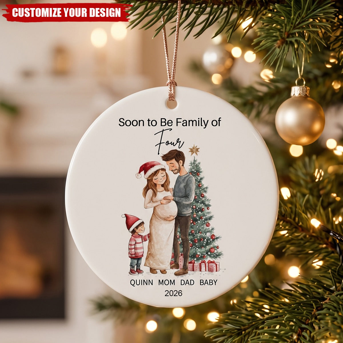 Personalized Ceramic Christmas Ornament, Growing Family Baby Arrival Gift, Expecting Parents Keepsake