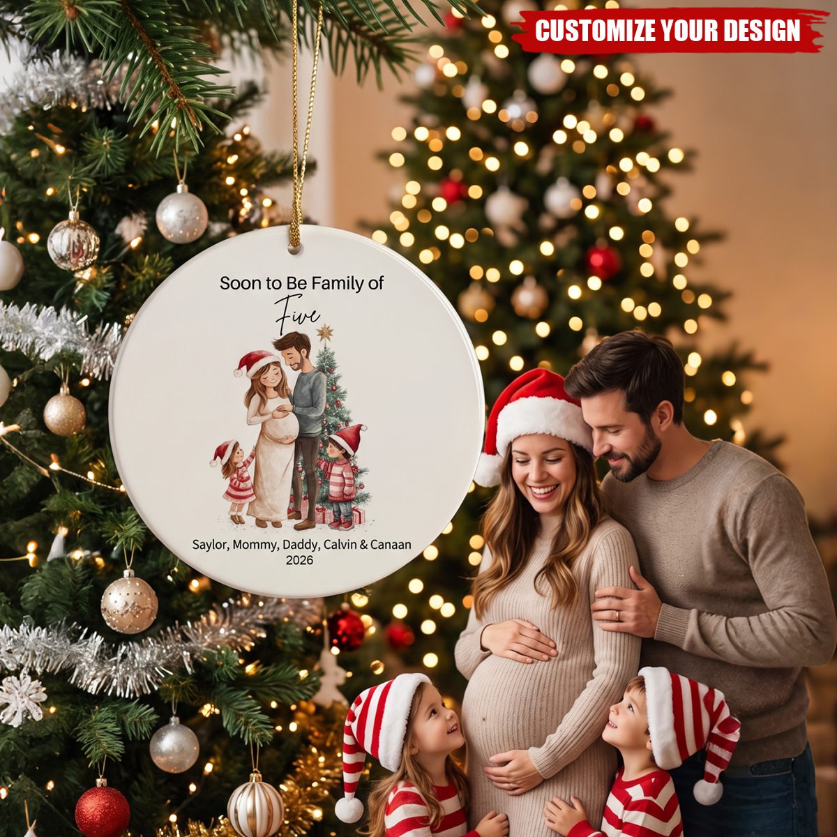 Personalized Ceramic Christmas Ornament, Growing Family Baby Arrival Gift, Expecting Parents Keepsake