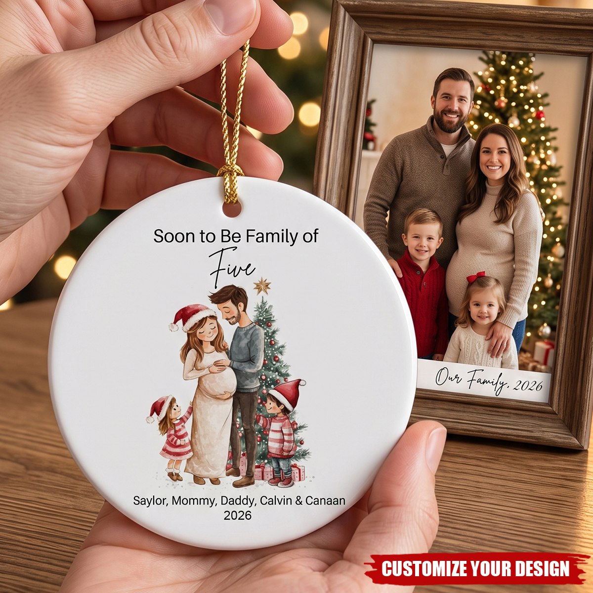 Personalized Ceramic Christmas Ornament, Growing Family Baby Arrival Gift, Expecting Parents Keepsake