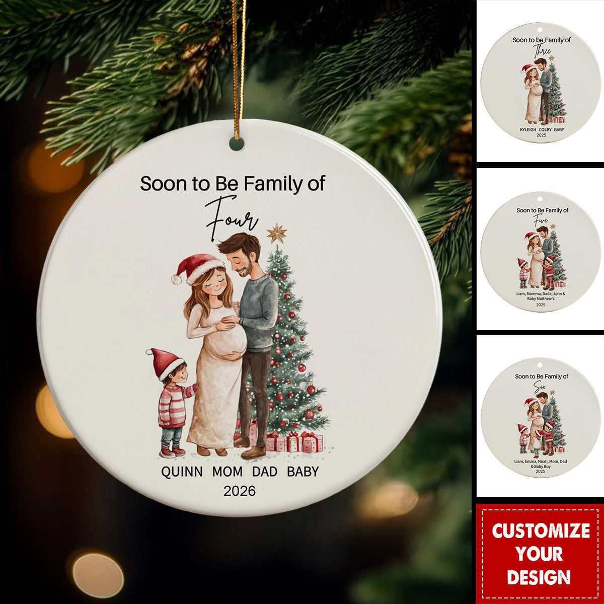Personalized Ceramic Christmas Ornament, Growing Family Baby Arrival Gift, Expecting Parents Keepsake