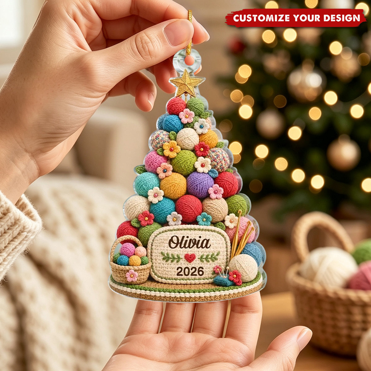 Personalized Acrylic Christmas Tree Ornament, Custom Knit Decoration for Knitters