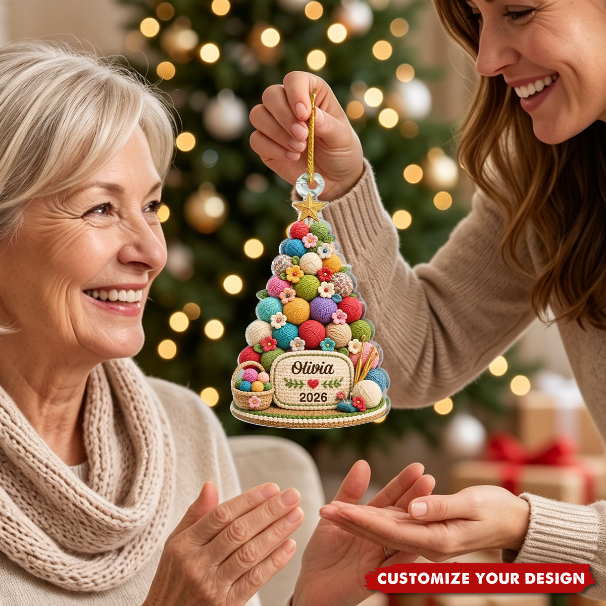 Personalized Acrylic Christmas Tree Ornament, Custom Knit Decoration for Knitters