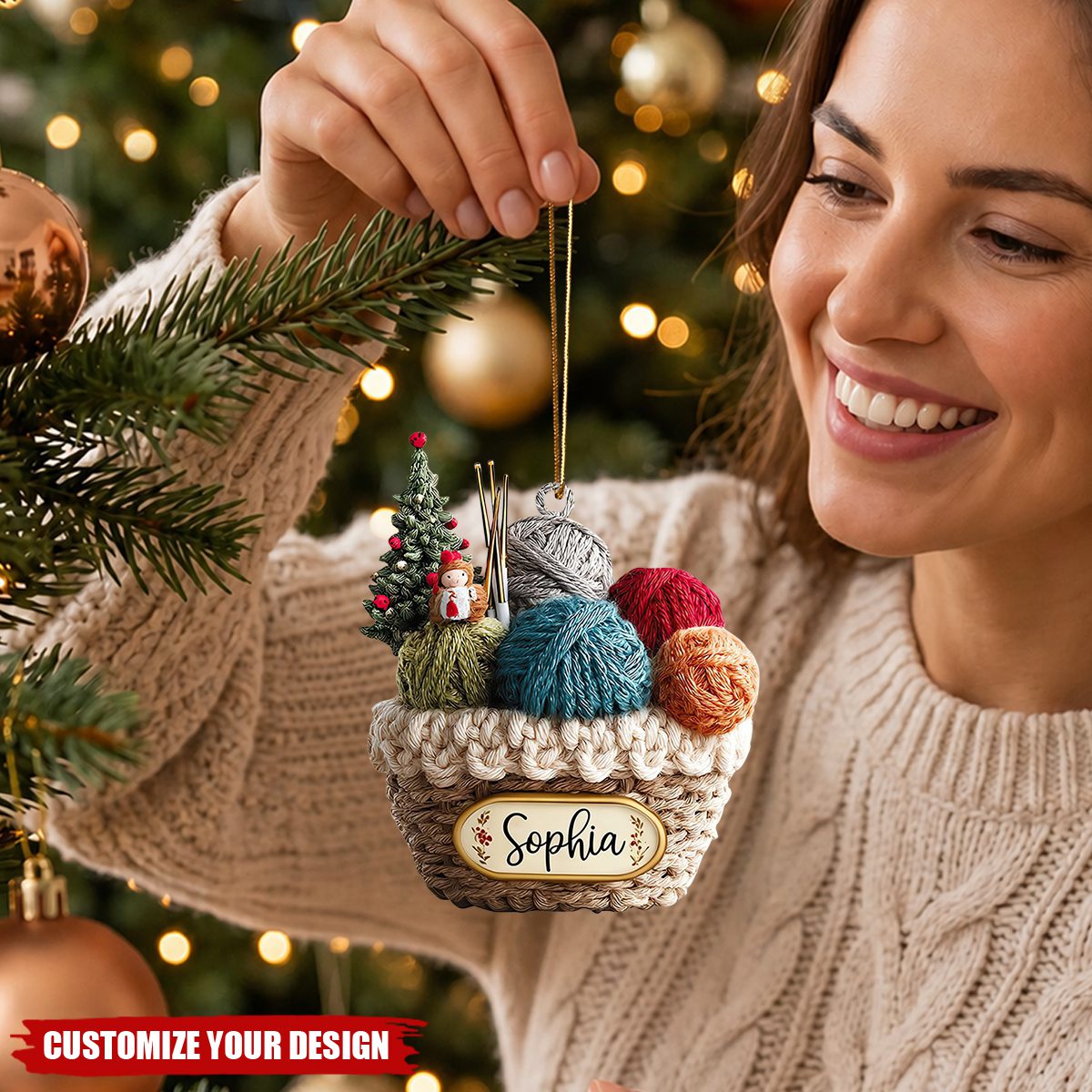 Personalized Knitting Basket Acrylic Christmas Ornament – Gift for Knitters & Crochet Lovers
