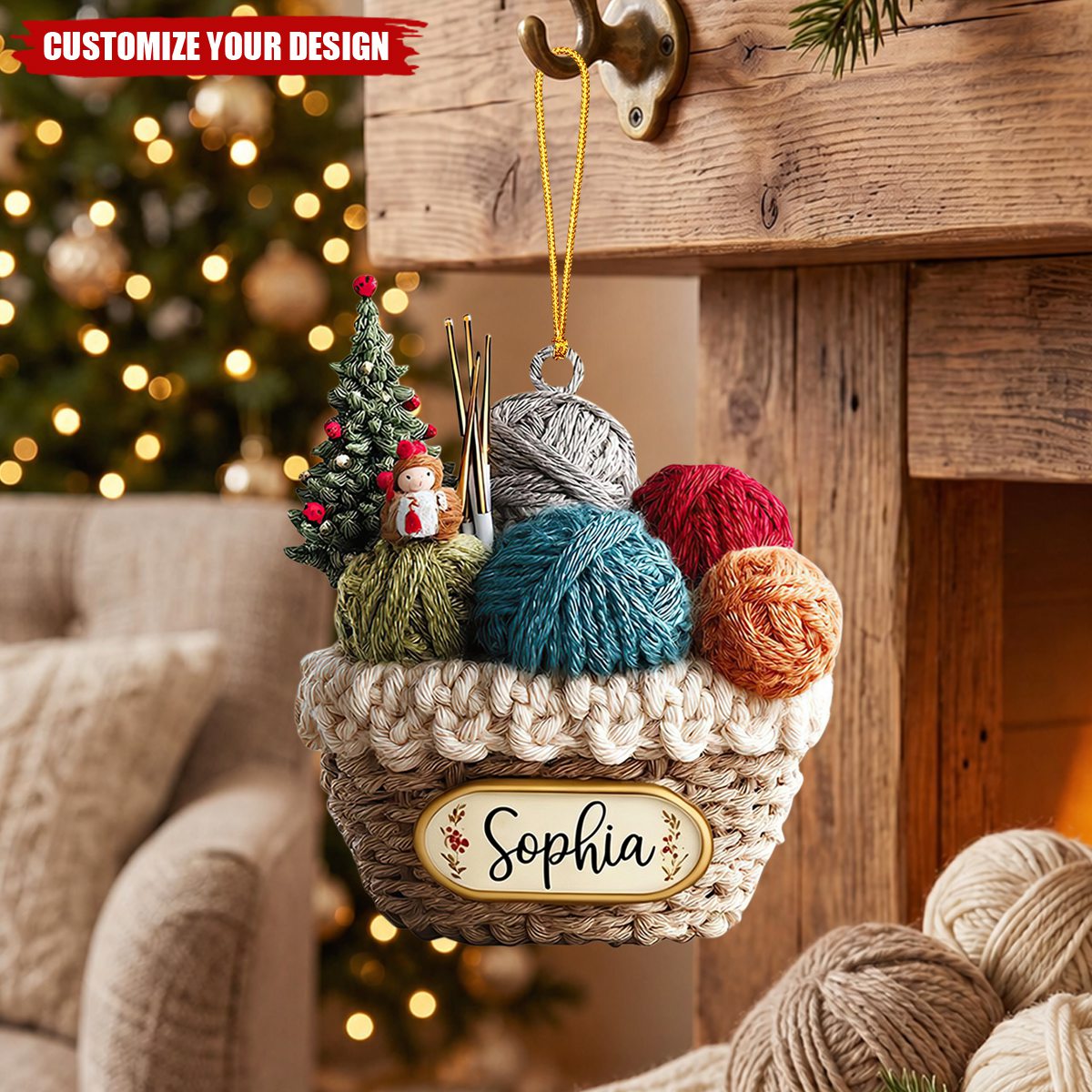 Personalized Knitting Basket Acrylic Christmas Ornament – Gift for Knitters & Crochet Lovers