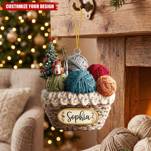 Personalized Knitting Basket Acrylic Christmas Ornament – Gift for Knitters & Crochet Lovers