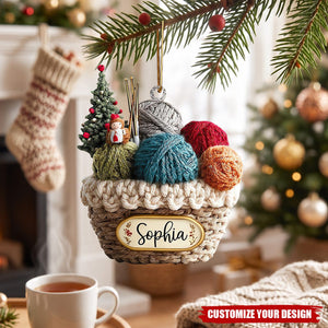 Personalized Knitting Basket Acrylic Christmas Ornament – Gift for Knitters & Crochet Lovers