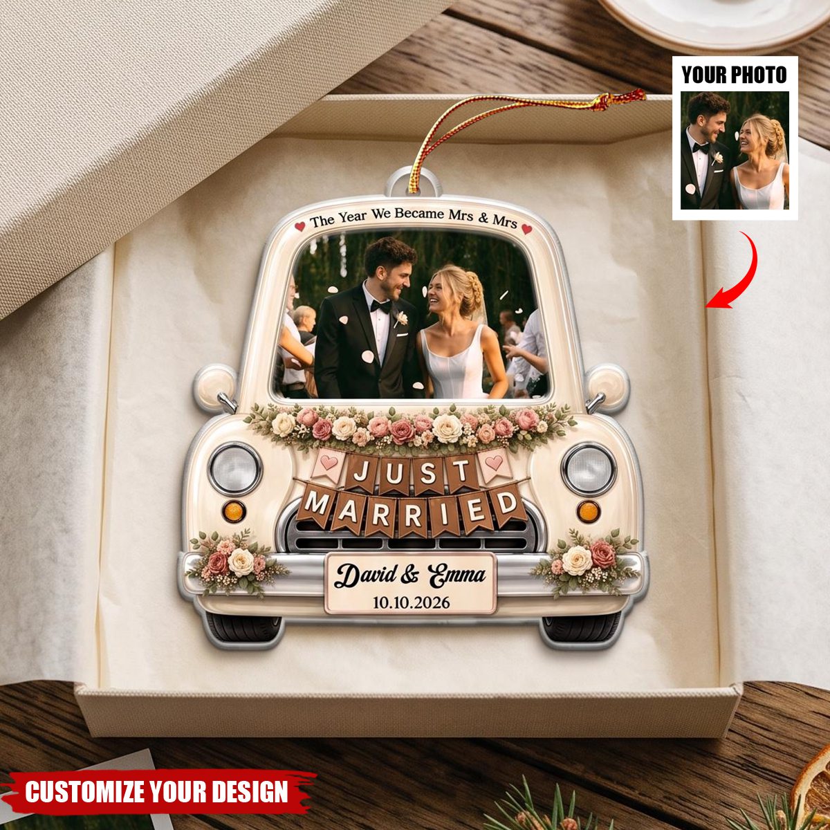 Personalized Couple Photo Acrylic Ornament, Custom Just Married Wedding Car Keepsake