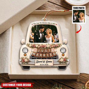 Personalized Couple Photo Acrylic Ornament, Custom Just Married Wedding Car Keepsake