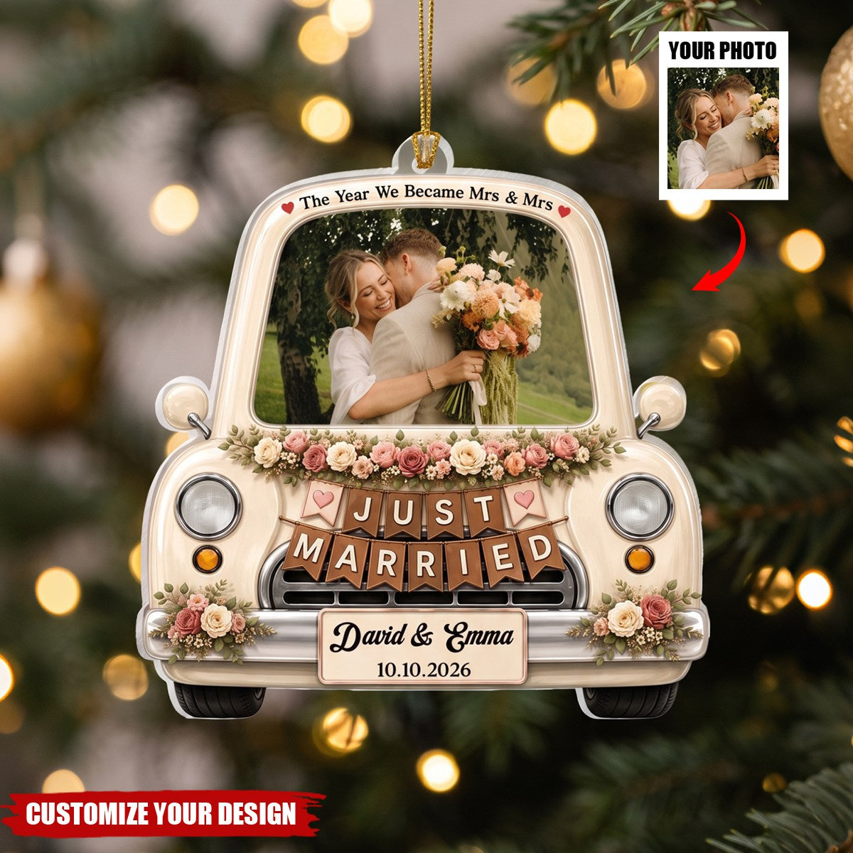 Personalized Couple Photo Acrylic Ornament, Custom Just Married Wedding Car Keepsake