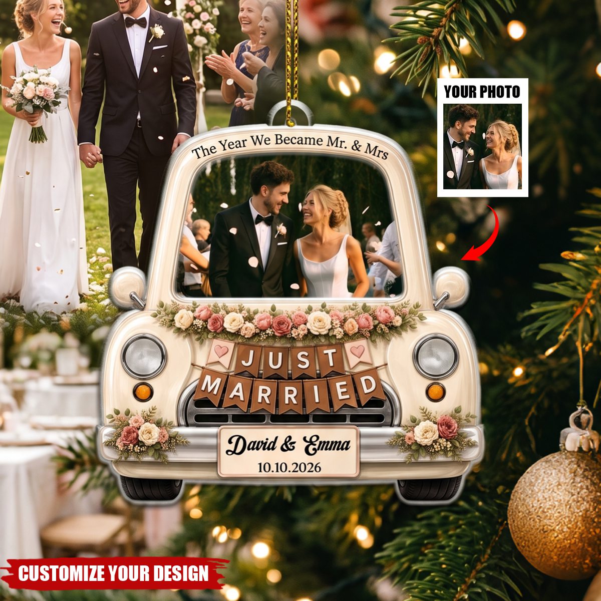 Personalized Couple Photo Acrylic Ornament, Custom Just Married Wedding Car Keepsake