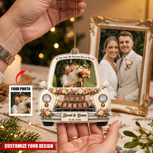 Personalized Couple Photo Acrylic Ornament, Custom Just Married Wedding Car Keepsake
