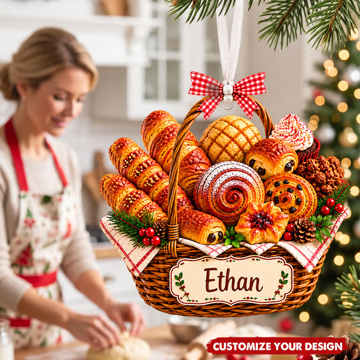 Personalized Bread Basket Acrylic Christmas Ornament, Custom Name Baker Keepsake