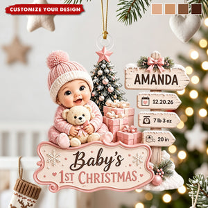 Personalized Baby’s First Christmas Acrylic Ornament, Custom Birth Stats Keepsake, Newborn Name Date Weight Gift