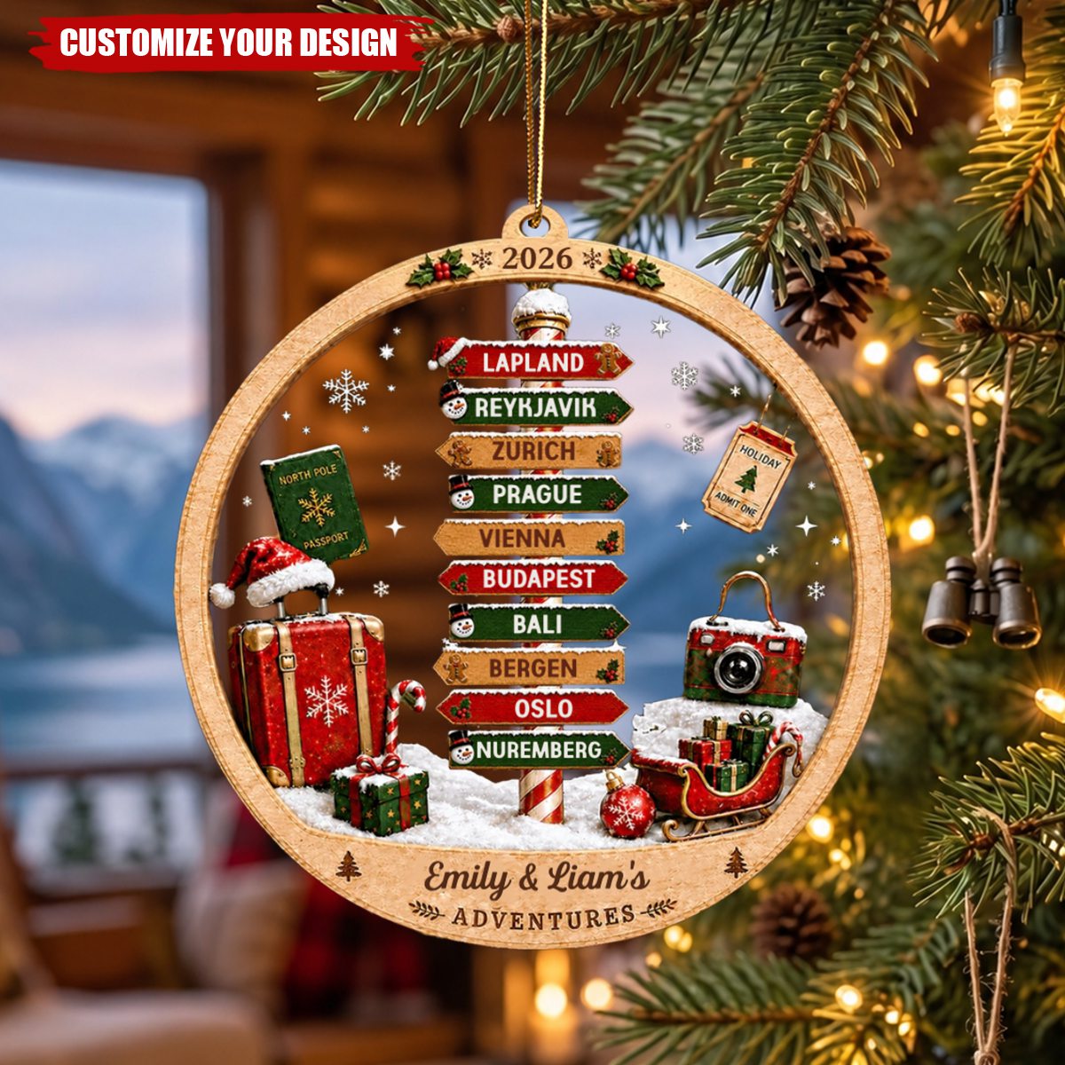 Personalized Adventure Travel Ornament, Holiday Gift for Family & Couple