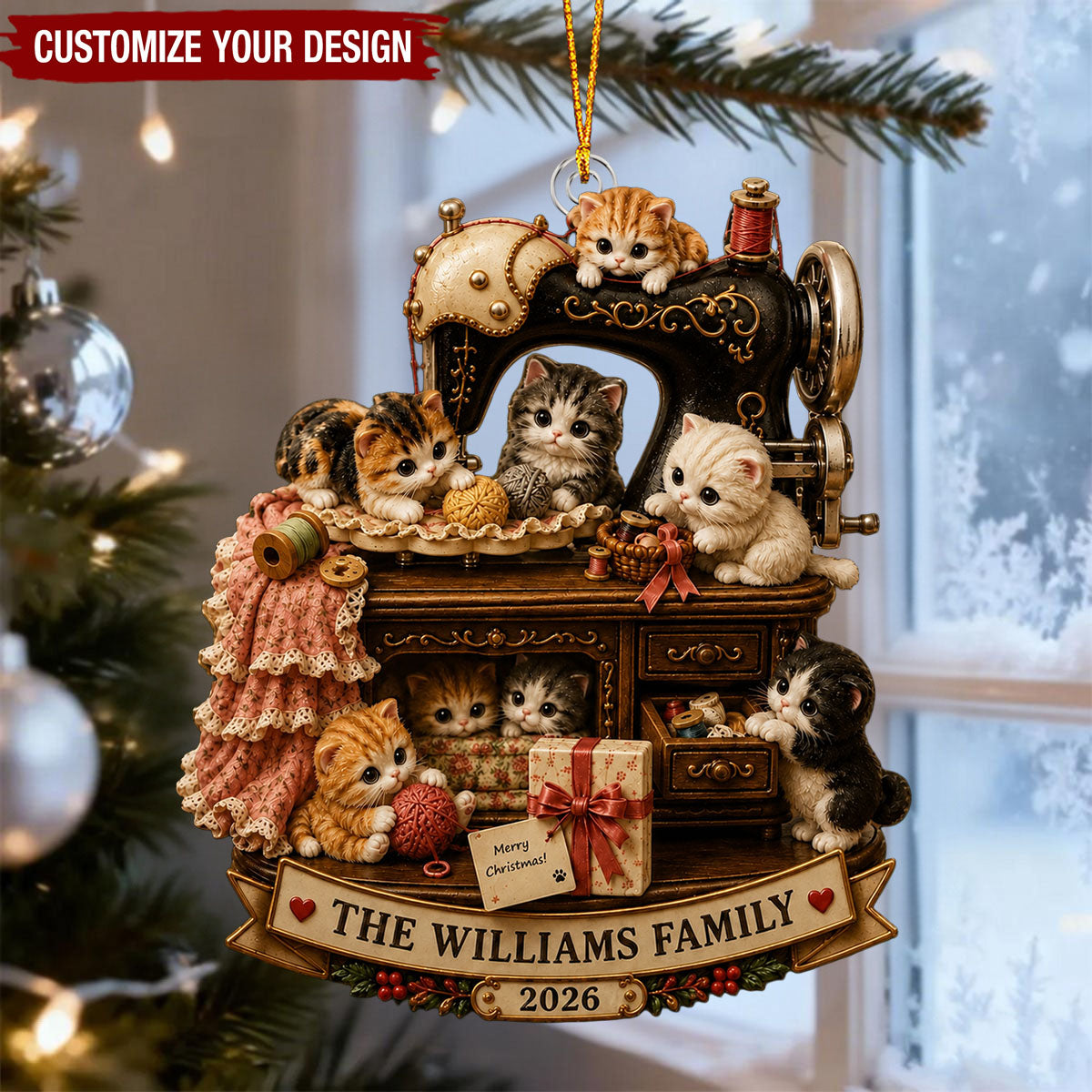 Personalized Sewing Machine Cat Acrylic Ornament, Custom Cat Family Christmas Gift For Cat Mom