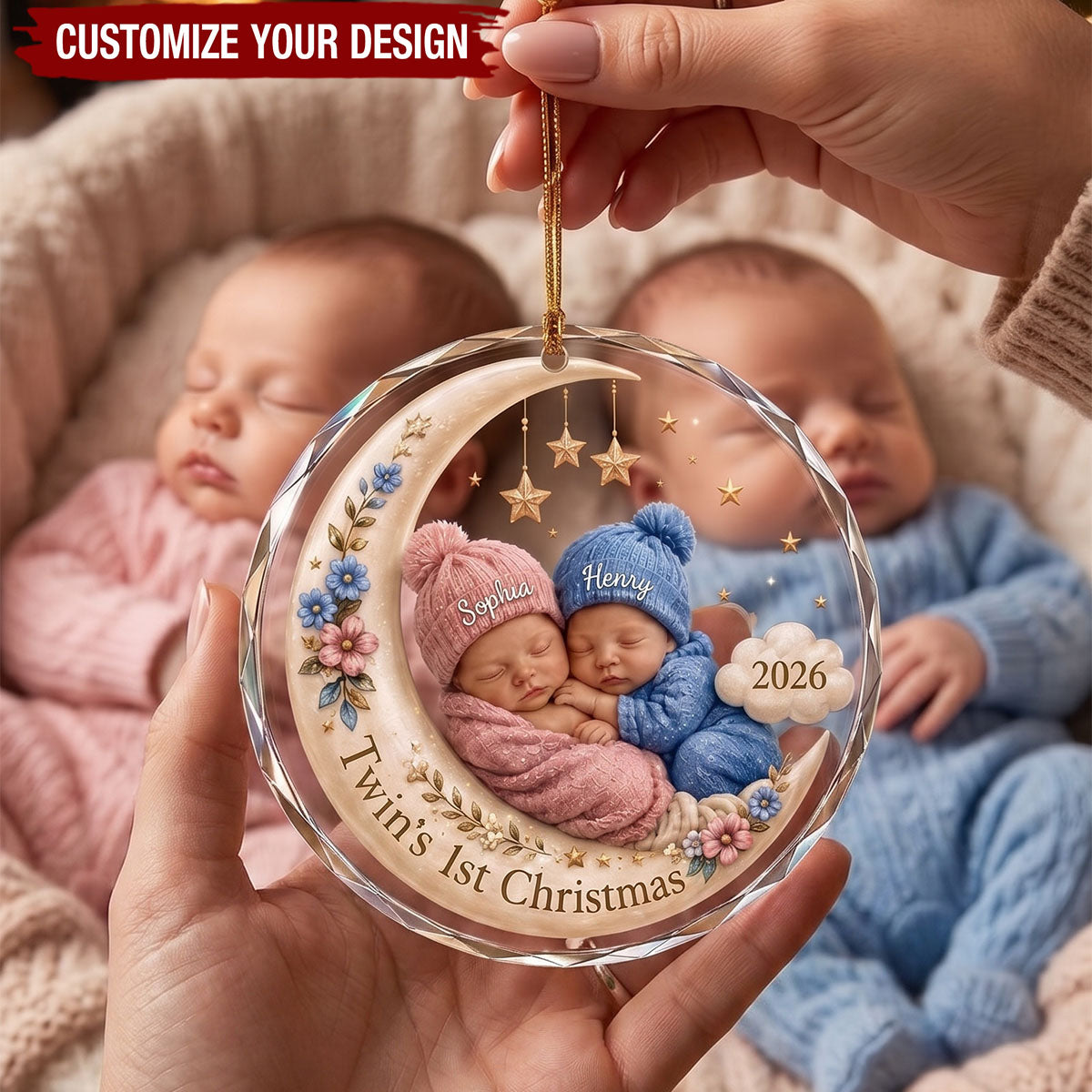 Personalized Twin Babies First Christmas Glass Ornament, Twins 1st Christmas Holiday Keepsake