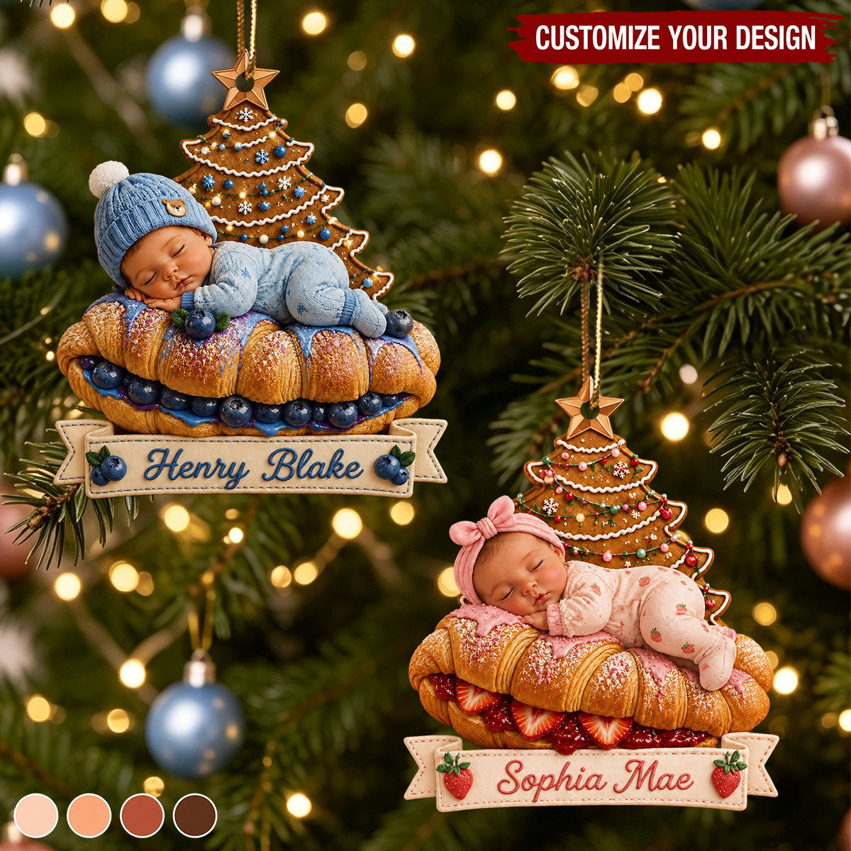 Personalized Baby Croissant Christmas Acrylic Ornament, Custom Newborn First Christmas Bakery Gift