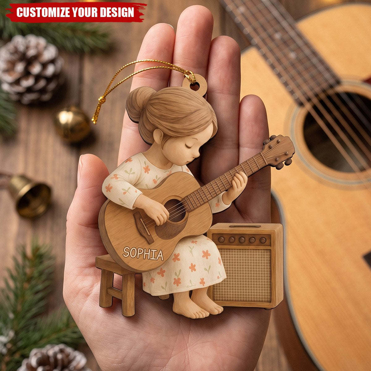 Personalized Guitar Players Wooden Ornament, Christmas Gift for Music Lovers