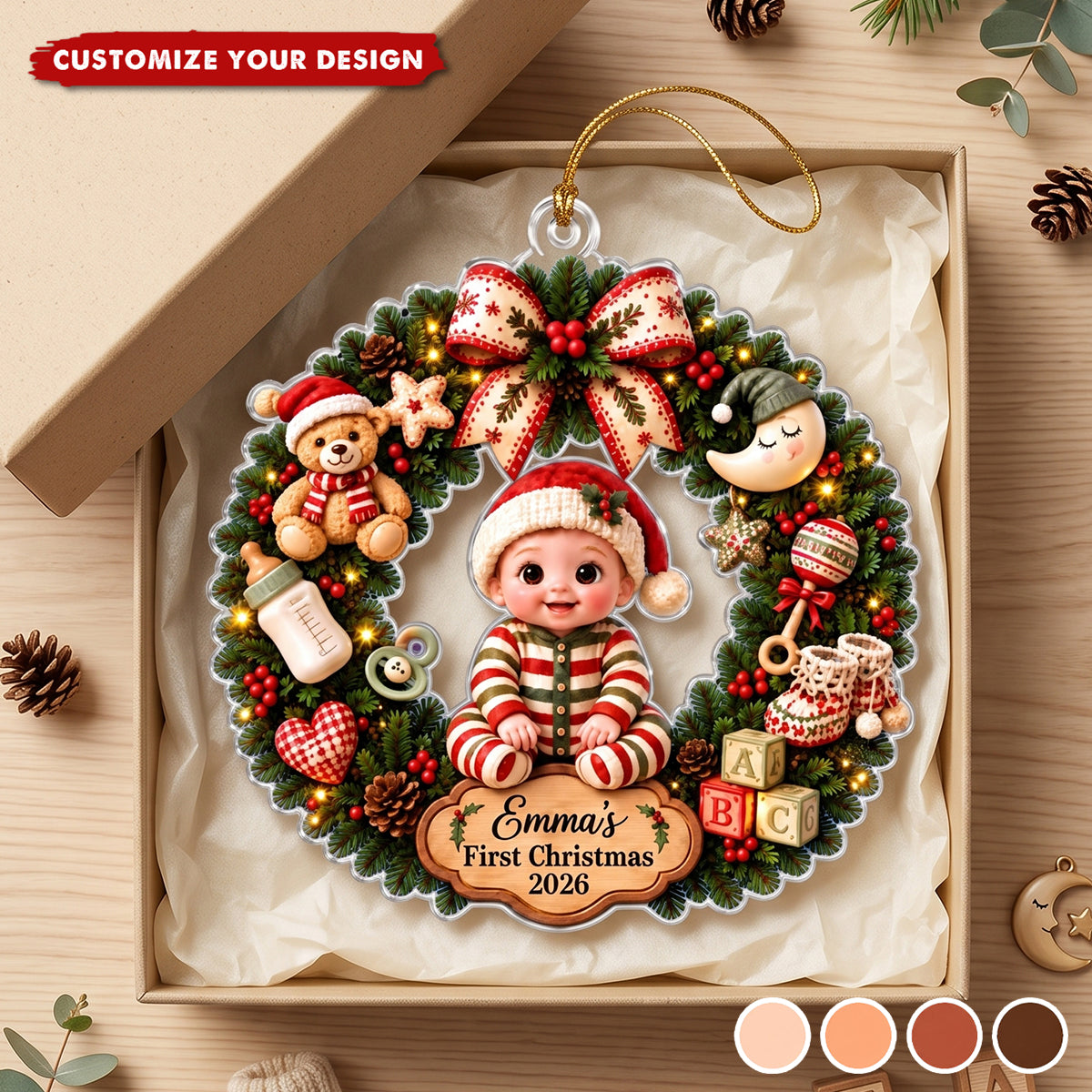 Personalized Baby 1st Christmas Acrylic Wreath Ornament, Custom Baby Name Christmas Keepsake