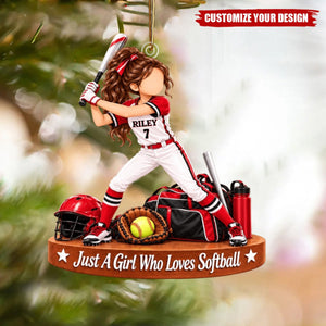 Personalized Softball Girl Acrylic Ornament, Custom Name Player Christmas Gift