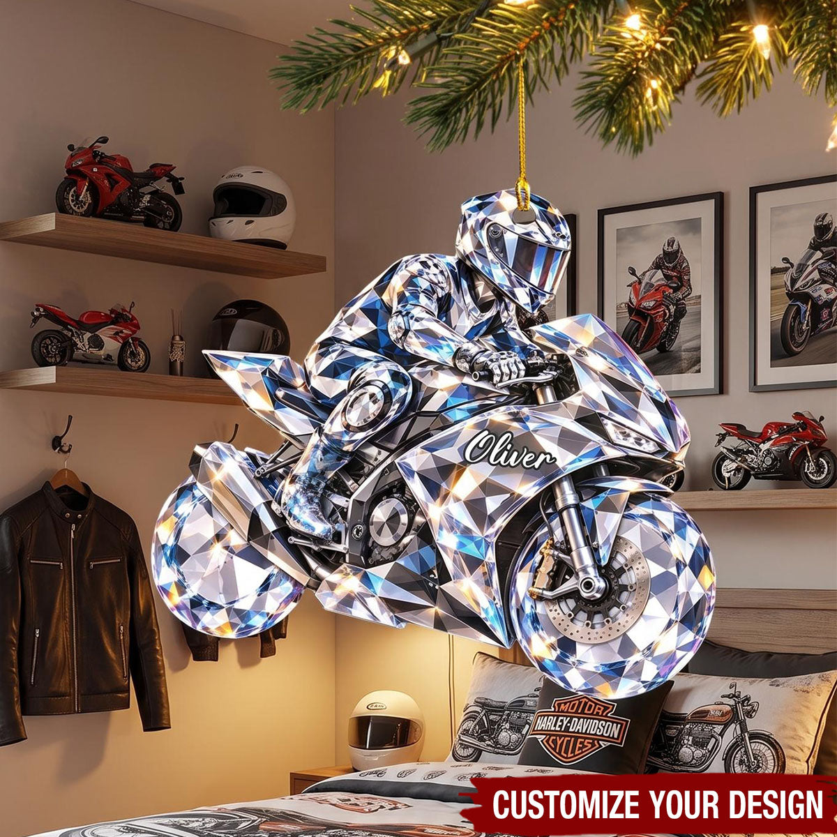 Personalized Motorcycle Acrylic Ornament, Custom Name Diamond Biker Christmas Decor