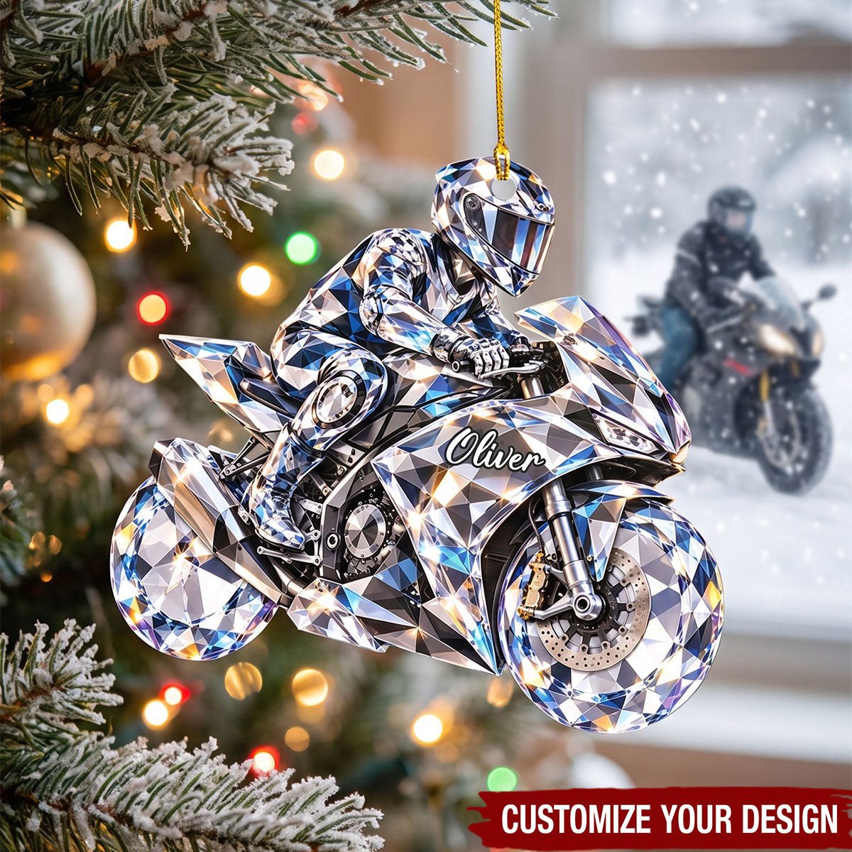 Personalized Motorcycle Acrylic Ornament, Custom Name Diamond Biker Christmas Decor